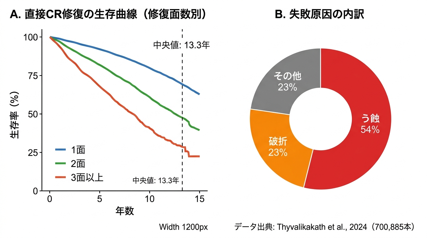 直接CR修復の生存曲線（修復面数別・中央値13.3年）と失敗原因の内訳（う蝕54%・破折23%）
