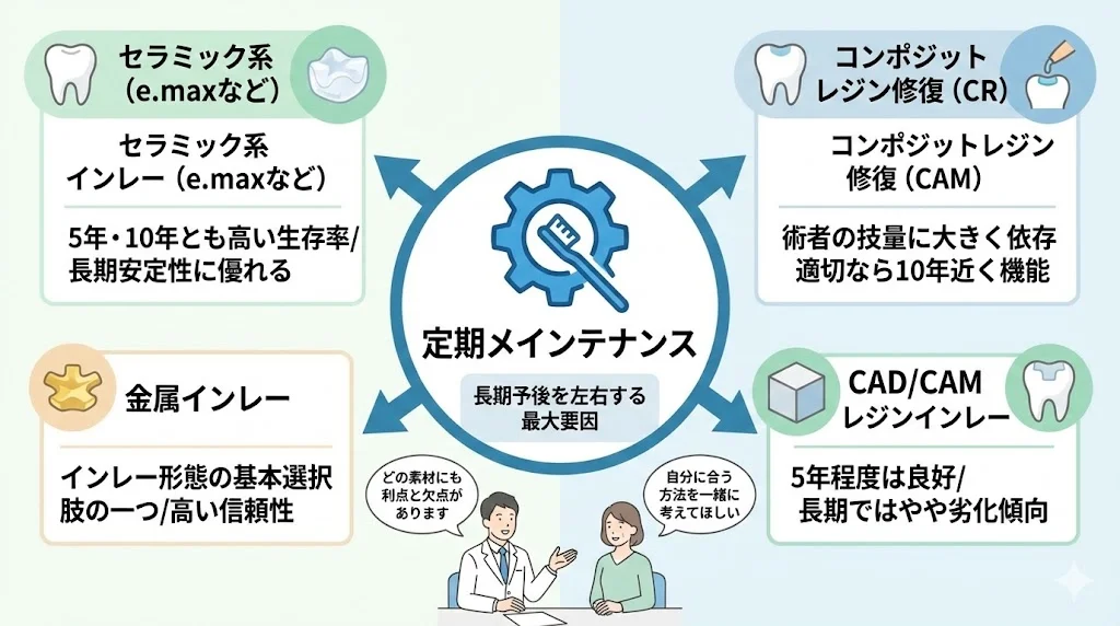 取手市藤代の坂寄歯科医院|セラミックインレー・金属インレー・コンポジットレジン修復・CAD/CAMレジンインレーの特徴とともに、長期予後には定期メインテナンスが重要であることを示したイラスト