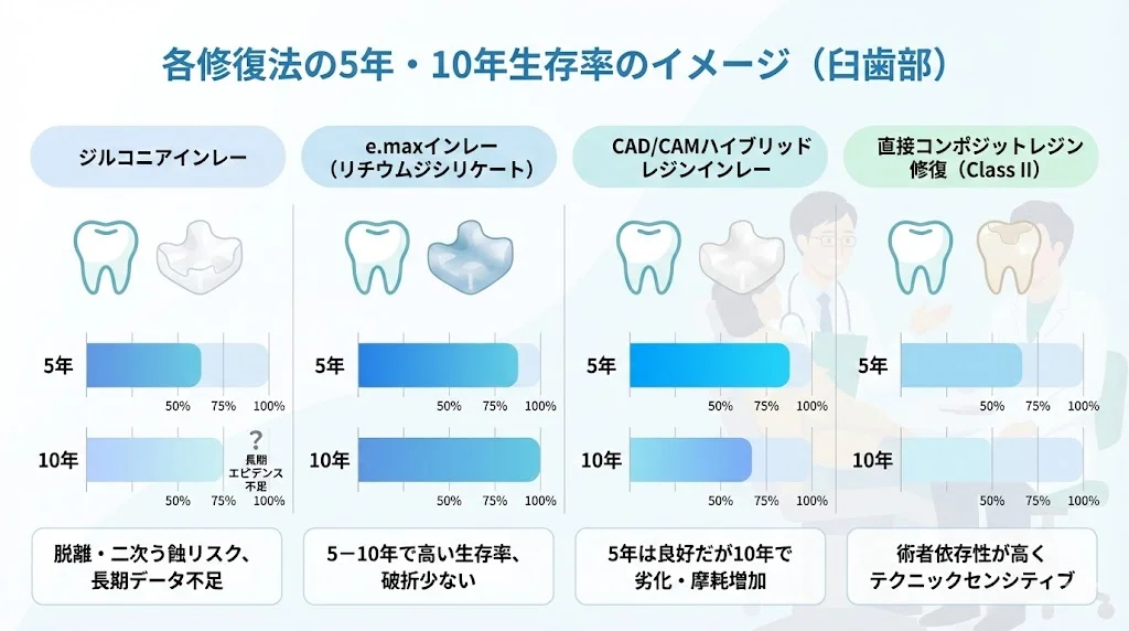 取手市藤代の坂寄歯科医院|ジルコニアインレー・e.maxインレー・CAD/CAMハイブリッドレジンインレー・直接コンポジットレジン修復(Class II)の5年・10年生存率イメージを比較した図