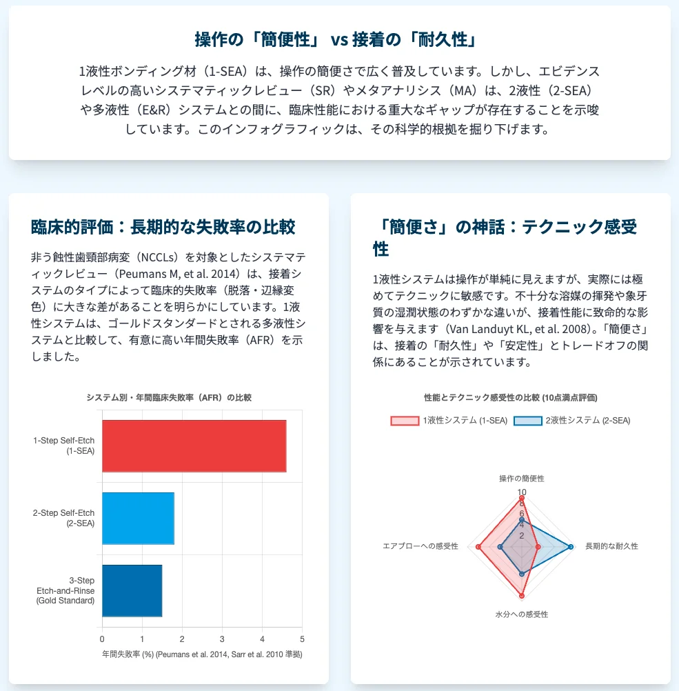 ③ 図解：NCCLにおけるシステム別失敗率（AFR）の棒グラフ〔1-SEA/2-SEA/3-Step E&R〕と、操作の「簡便さ」とテクニック感受性のトレードオフを示すレーダーチャート。