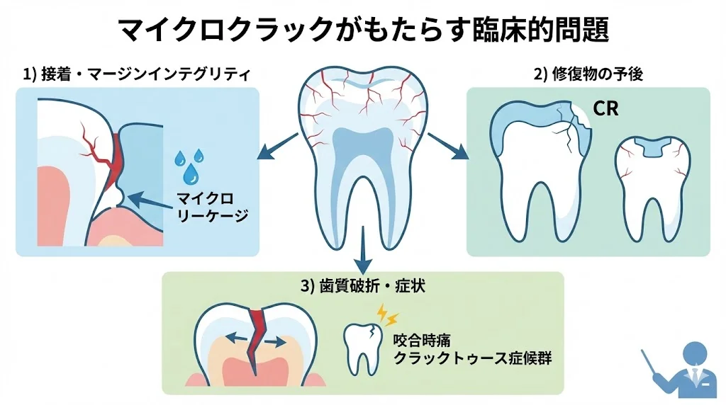 エナメル質マイクロクラックが接着マージンのリッケージ、コンポジットレジン修復の予後、歯質破折や咬合時痛などの臨床的問題につながる様子を示したイラスト