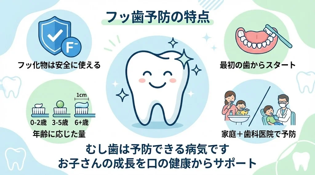 笑顔の白い歯のキャラクターを中心に、フッ化物を適正に用いること、最初の歯が生えた時期からのケア、年齢に応じた量、家庭でのブラッシングと歯科医院での定期管理を組み合わせてむし歯予防に取り組む大切さをメッセージとアイコンで整理した、子どものフッ素応用まとめ用イラスト画像。