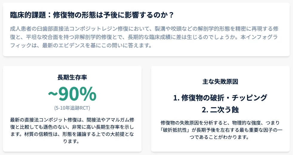 臼歯部コンポジットレジン修復の臨床的課題を要約した図|長期生存率の目安と主な失敗要因の概説(概念図)