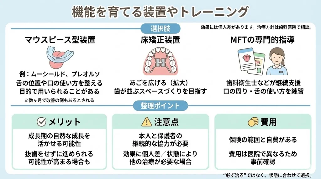 子どもの口腔機能の発達を支える選択肢として、マウスピース型装置（舌の位置を整える目的で用いられることがある）、床矯正装置（あごを広げて歯が並ぶスペースを作ることを目指す）、口腔筋機能療法（MFT）の専門的指導を紹介し、メリット（成長を活かせる可能性）と注意点（継続協力・個人差・他治療が必要な場合）および費用（保険/自費・医院で異なるため要確認）をまとめた図解イラスト。