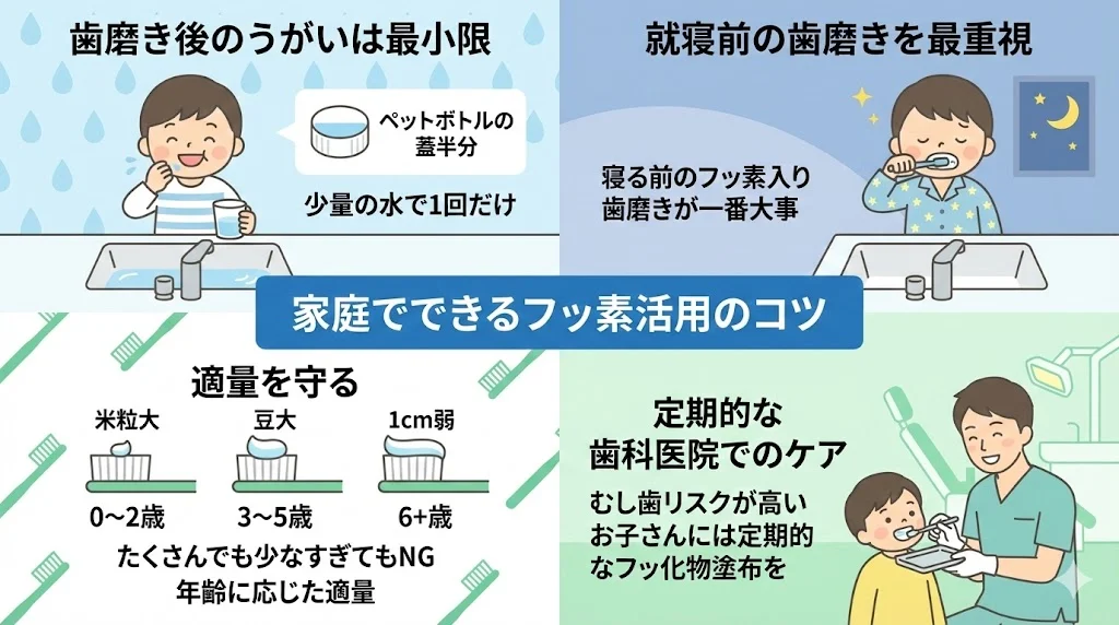 歯磨き後のうがいを最小限にすること、就寝前のフッ素入り歯磨きを重視すること、年齢に応じた適量を守ること、歯科医院での定期的なフッ化物塗布を組み合わせることなど、家庭で行えるフッ素活用のポイントを親子の歯磨き場面と診療室のイラストで説明した画像。