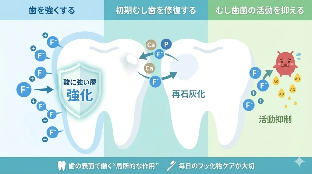フッ化物がエナメル質を酸に溶けにくくすること、初期むし歯の再石灰化を助けること、むし歯菌の活動を弱めることを、1本の歯と菌キャラクターの図で示した、フッ化物応用によるむし歯予防メカニズム解説画像。