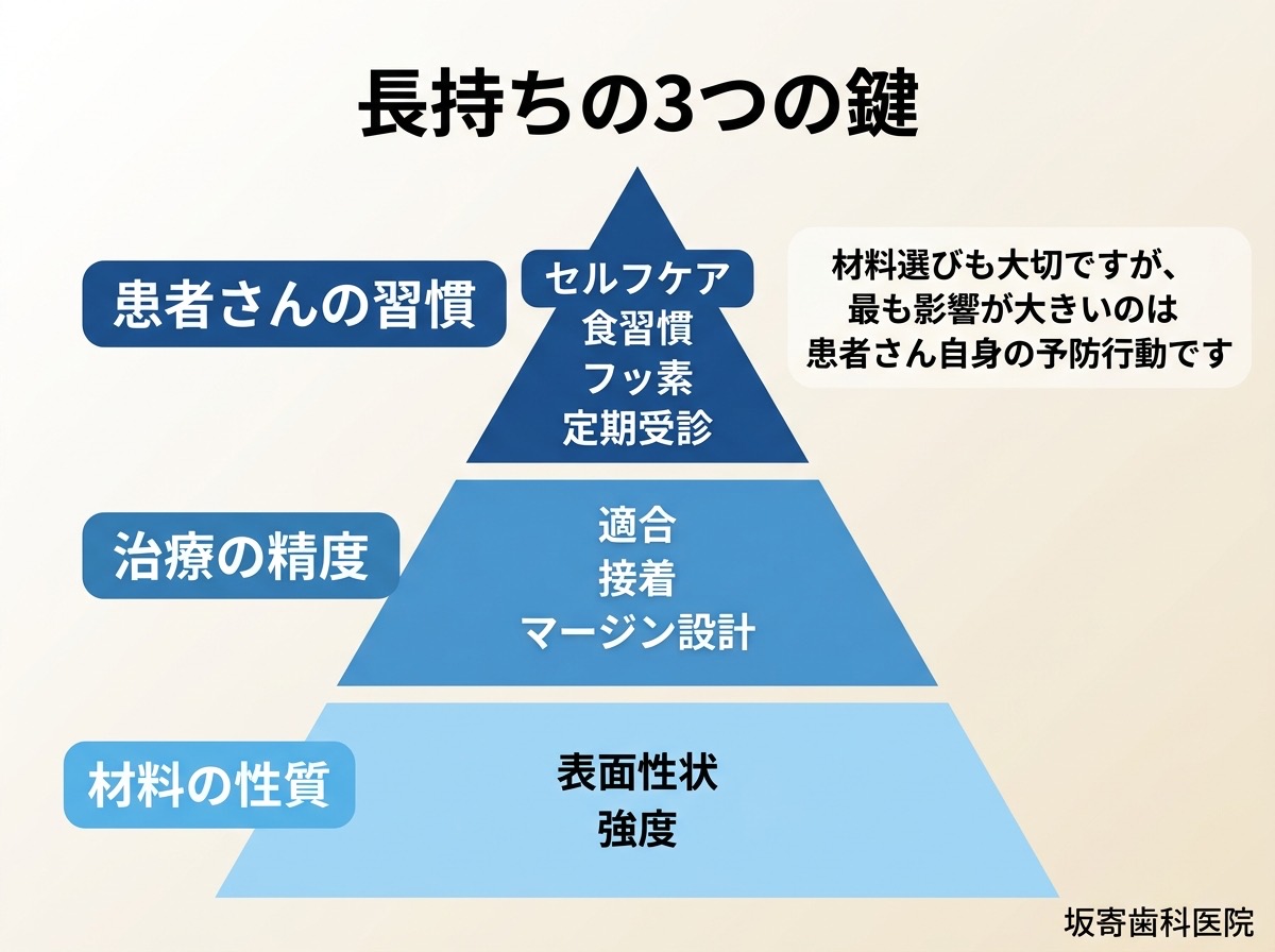 長持ちの3つの鍵 - 最も重要なのは患者さんの習慣、次に治療の精度、最後に材料の性質