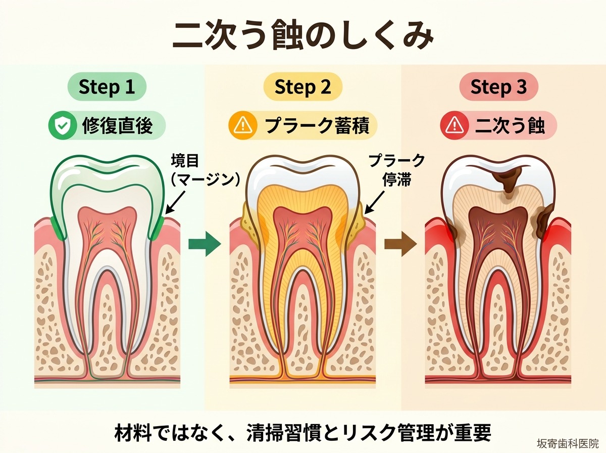 二次う蝕の発生メカニズム - 修復直後は健全だが、境目にプラークが蓄積すると歯質が脱灰してむし歯になる