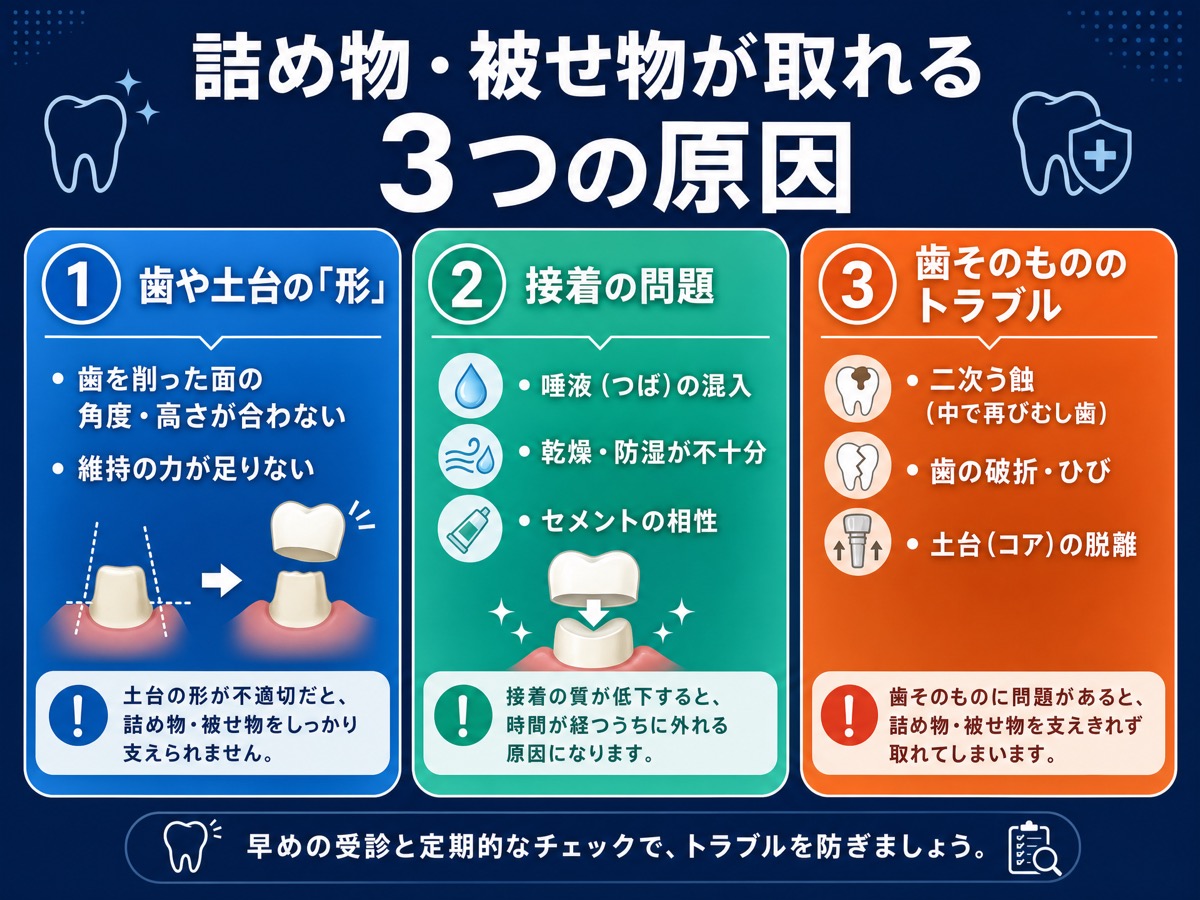 詰め物・被せ物が取れる原因を3つに分類したインフォグラフィック。①歯や土台の形（保持しにくい構造） ②接着・装着の問題（唾液汚染・乾燥不足） ③歯そのもののトラブル（二次う蝕・歯の破折・土台の脱離）の3グループをまとめた図